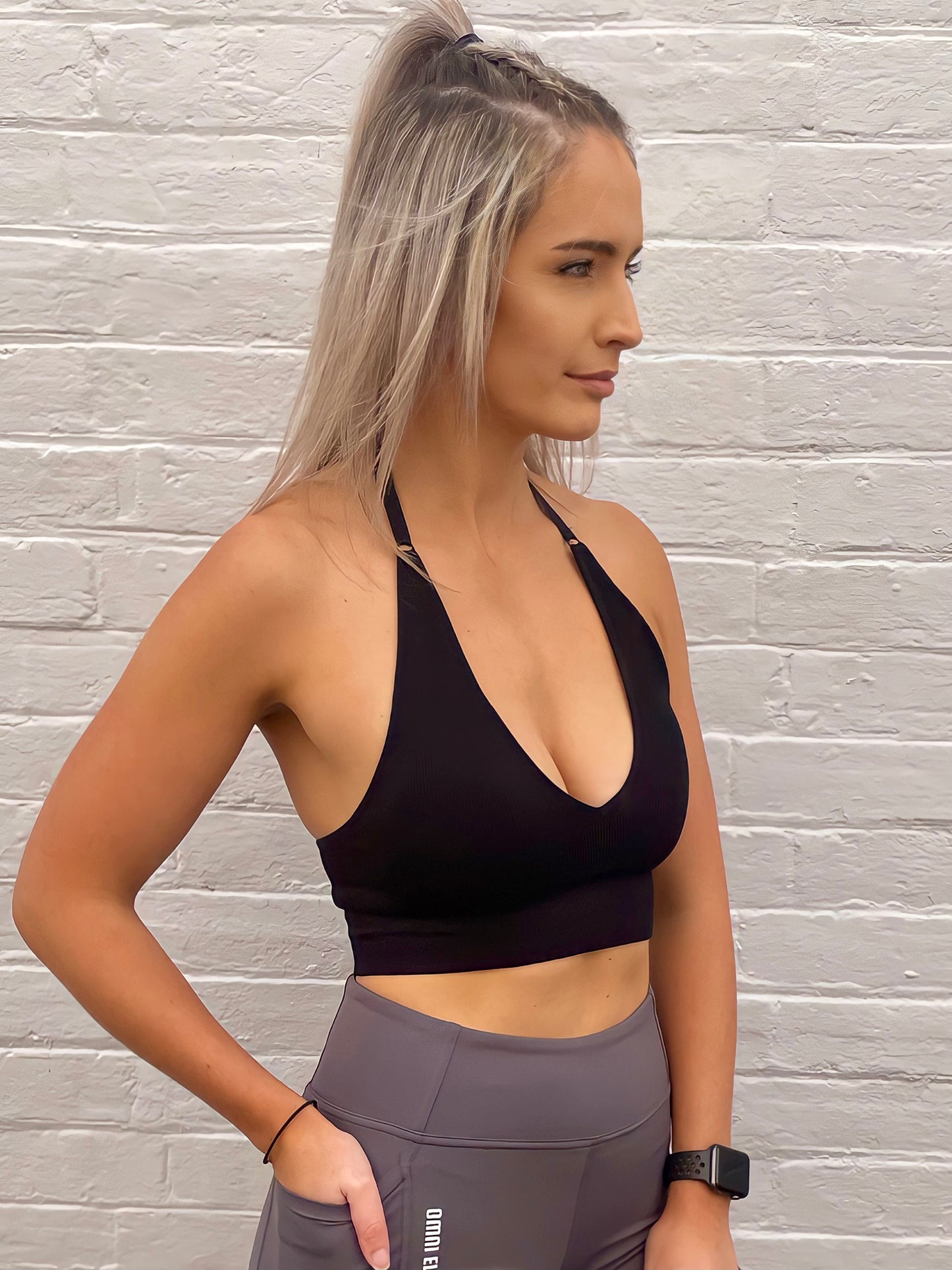 RIB HALTER SPORTS BRA in BLACK